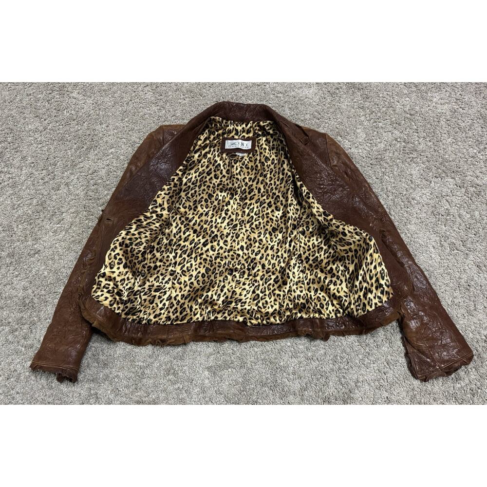 Vintage ZINI Brown Leather Blazer Jacket Leopard Lined Fleur De Lis Studded XS - Picture 10 of 11